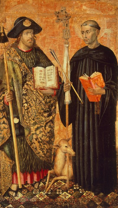 San Giacomo di Compostela rappresentato come pellegrino con bastone, cappello e conchiglia e San Gilles l
