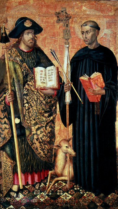 San Giacomo di Compostela rappresentato in pellegrino con bastone, cappello e conchiglia e San Gilles l