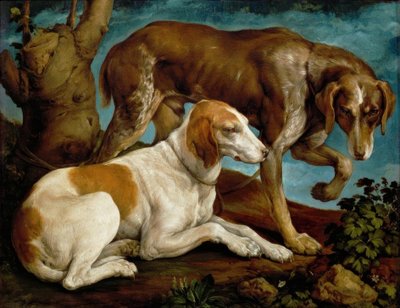 Due cani da caccia legati a un ceppo da Jacopo Bassano