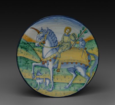 Piatto: Uomo che cavalca un unicorno da Jacopo Caffagiolo