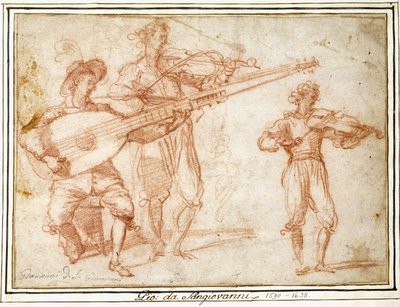 Due musicisti che suonano un chitarrone e un violino, con uno studio sussidiario del secondo musicista da Jacopo Confortini