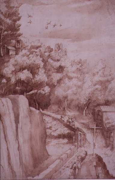 Vista del Monastero di La Verna, la strada che porta al Monastero, c.1607-12 (inchiostro e penna su carta) da Jacopo Ligozzi