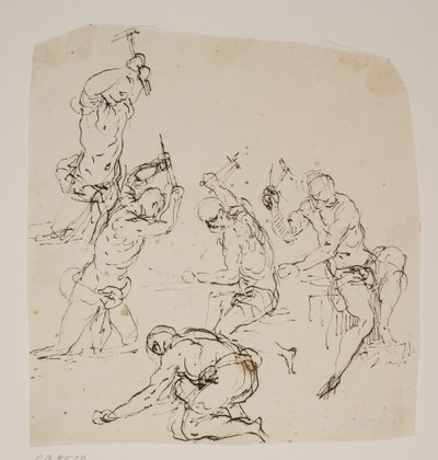 Cinque studi di scalpellini o fabbri che lavorano in una fucina da Jacopo Palma