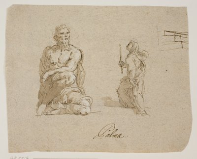 Uomo inginocchiato, ragazza con una candela che sale le scale (la Vergine che entra nel Tempio), schizzo prospettico per le scale da Jacopo Palma