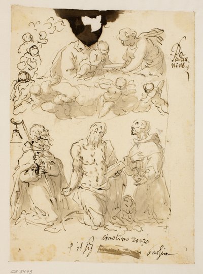 Santi Antonio, Girolamo e Bernardino in ginocchio, con la Vergine e il bambino Cristo circondati da angeli bambini da Jacopo Palma