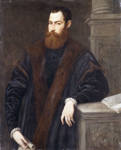 Ritratto di un gentiluomo, a tre quarti di lunghezza, in un cappotto bordato di pelliccia, che tiene un documento e si appoggia a un piedistallo da Jacopo Robusti Tintoretto