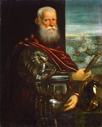 Sebastiano Venier con la battaglia di Lepanto sullo sfondo da Jacopo Robusti Tintoretto