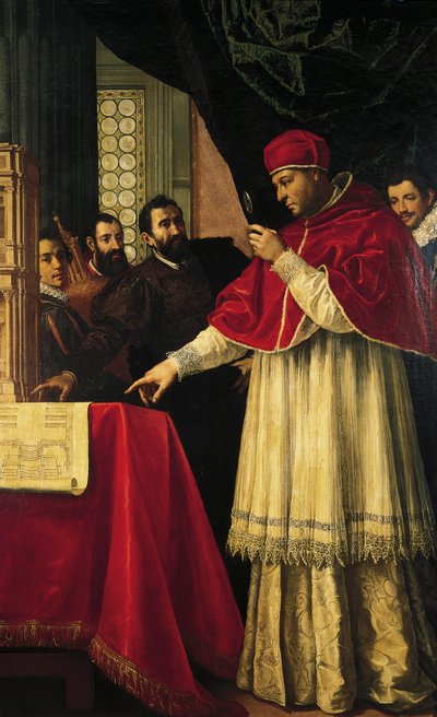 Michelangelo presenta modelli per la facciata di San Lorenzo, la Biblioteca Laurenziana e le tombe Medicee a Papa Leone X e al Cardinale Giulio de Medici da Jacopo da Empoli (and workshop)