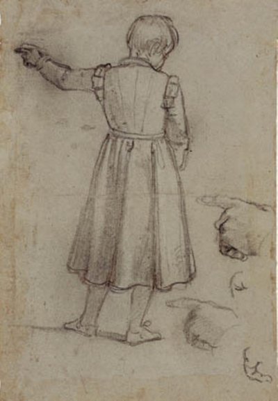 Ragazzo in piedi visto da dietro che punta a sinistra, e quattro studi per la sua mano sinistra da Jacopo da Empoli