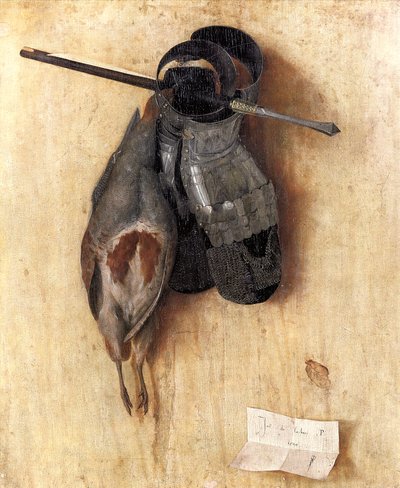 Tedesco: Pernice morta con guanti di ferro e balestre Natura morta con pernice e guanti di ferro da Jacopo de