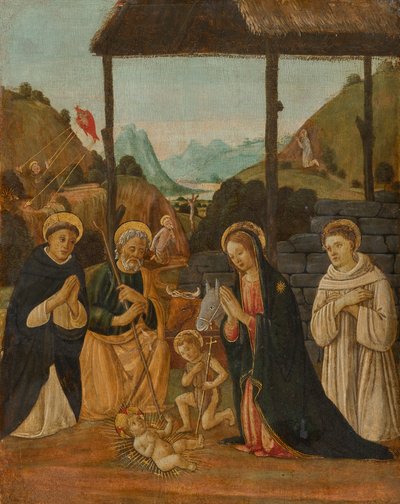 Anbetung des Kindes in Anwesenheit des Johannesknaben und der Heiligen Dominikus und Bernhard von Clairvaux da Jacopo del Sellaio