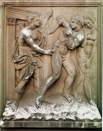 Adamo ed Eva. Cacciate dal Paradiso Terrestre. Basso rilievo in marmo di Jacopo Della Quercia (1430-1435). Bologna, Chiesa di San Petronio da Jacopo della Quercia