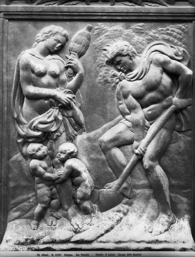 Adamo ed Eva costretti a lavorare, pannello della Porta Magna, c.1430 (marmo) da Jacopo della Quercia