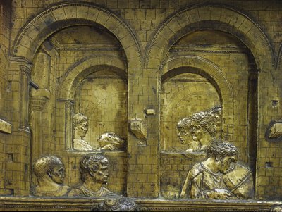 Il banchetto di Erode, dettaglio del retro con musicista e Salomè che porta la testa di San Giovanni Battista su un vassoio. Bassorilievo del fonte battesimale realizzato da Jacopo della Quercia da Jacopo della Quercia