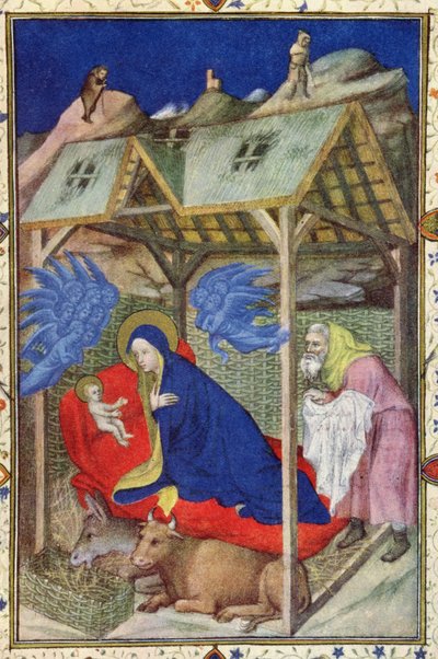 MS 11060-11061 Ore di Notre Dame: Prime, La Nascita di Cristo, dalle Très Riches Heures du Duc de Berry, inizio XV secolo (dettaglio) da Jacquemart de Hesdin