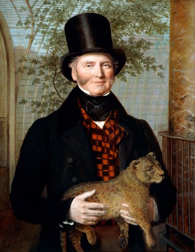 Ritratto di Edward Cross, mezzo busto, in un cappotto nero e gilet a quadri rossi con un cucciolo di leone da Jacques Laurent Agasse