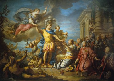 Allegoria in onore della pubblicazione della Pace di Aquisgrana, 13 febbraio da Jacques (1701 81) Dumont