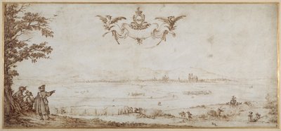 Veduta di Toul attraverso la pianura, paesaggio con figure, il cielo con le armi dei Porcellets da Jacques Callot