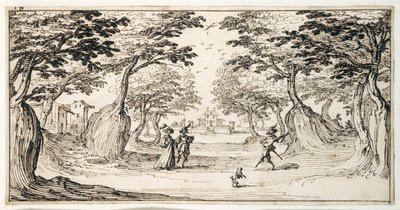 Una signora e un gentiluomo che ballano nei boschi a un liuto, un castello in lontananza da Jacques Callot