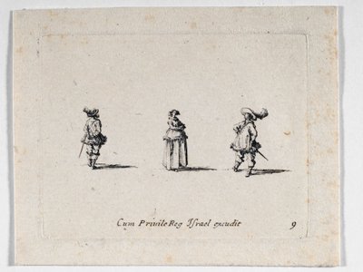 Una dama con le braccia conserte e due cavalieri, da ... (incisione) da Jacques Callot