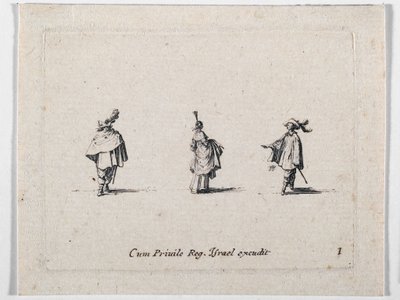Dama con gonna arricciata e due cavalieri, da Les Fantaisies de Noble J. Callot ... (incisione) da Jacques Callot
