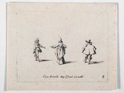 Una dama con la mano tesa, vista di spalle, e due cavalieri, da Les Fantaisies de Noble J. Callot ... (incisione) da Jacques Callot