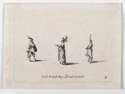 Una dama con cappello piumato e due cavalieri, da ... (incisione) da Jacques Callot