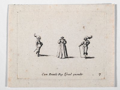 Una dama con abito riccamente pieghettato, vista di spalle, e due cavalieri, da Les Fantaisies de Noble J. Callot ... (incisione) da Jacques Callot