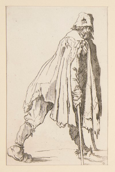 Mendicante con cappello, su stampelle, da I Mendicanti da Jacques Callot