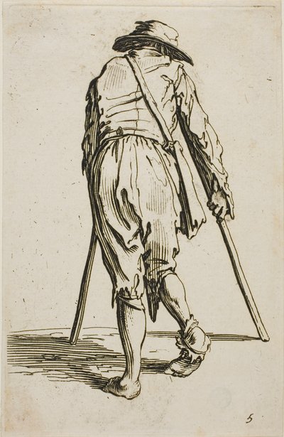 Mendicante con stampelle e cappello, visto di spalle, quinta tavola da I mendicanti da Jacques Callot