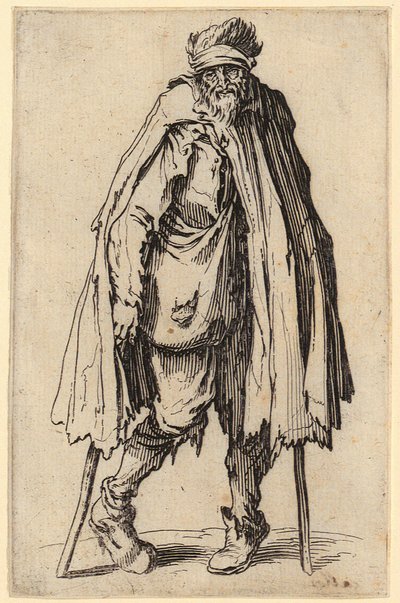 Mendicante con gruccia e borsa a tracolla, tavola 10 della serie “I mendicanti” da Jacques Callot