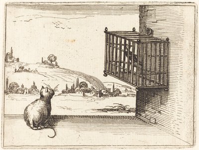 Gatto che osserva un uccello in gabbia da Jacques Callot