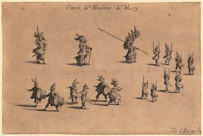 Gentiluomo con mantello bordato di pelliccia, mani congiunte dietro la schiena, tavola 7 della serie "La nobiltà" da Jacques Callot