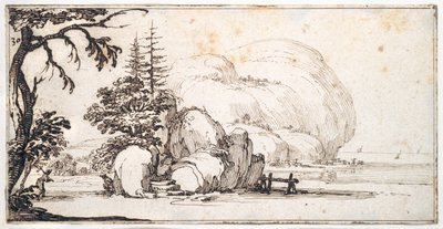Rocce fantastiche sulla costa, edifici sulla riva da Jacques Callot