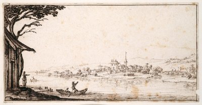 Traghettare un passeggero attraverso un fiume verso una piccola città collegata da un ponte a un castello da Jacques Callot