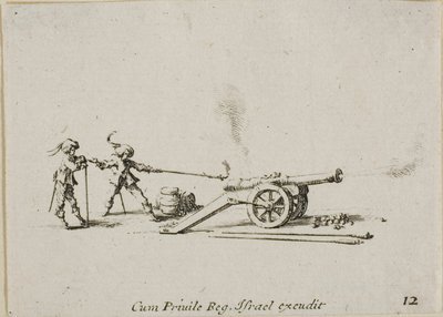 Sparare il cannone, tavola dodici da Gli esercizi militari da Jacques Callot