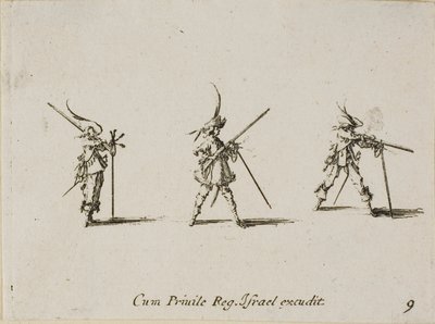 Sparare con il moschetto, tavola nove da Gli esercizi militari da Jacques Callot