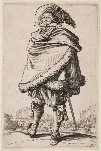 Gentiluomo avvolto in un mantello bordato di pelliccia, dalla serie “La Nobiltà” da Jacques Callot