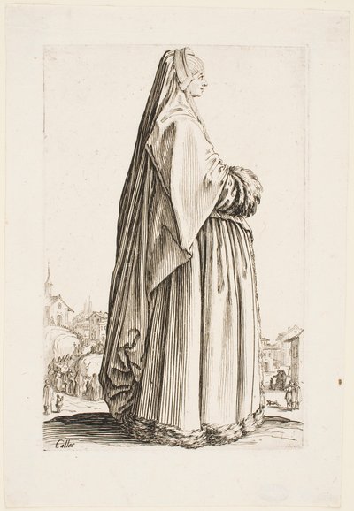 Signora con un lungo velo e un abito bordato di pelliccia, dalla serie “La Nobiltà della Lorena” da Jacques Callot