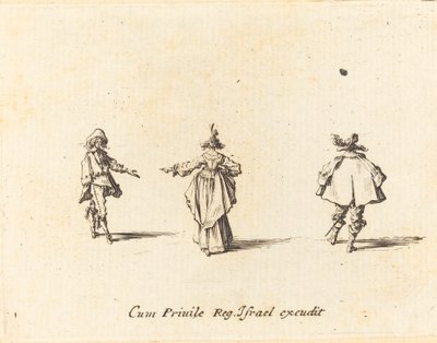 Signora con braccio teso vista da dietro e due gentiluomini da Jacques Callot