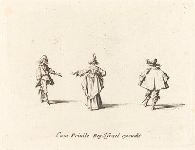 Signora con braccio teso vista da dietro e due gentiluomini da Jacques Callot