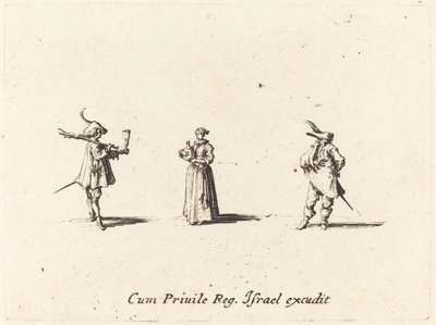 Signora con bottiglia di vino e due gentiluomini da Jacques Callot