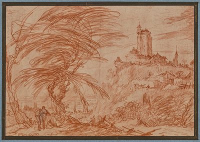 Paesaggio, a destra una grande torre su una collina, a sinistra un gruppo di alberi e alcune figure da Jacques Callot
