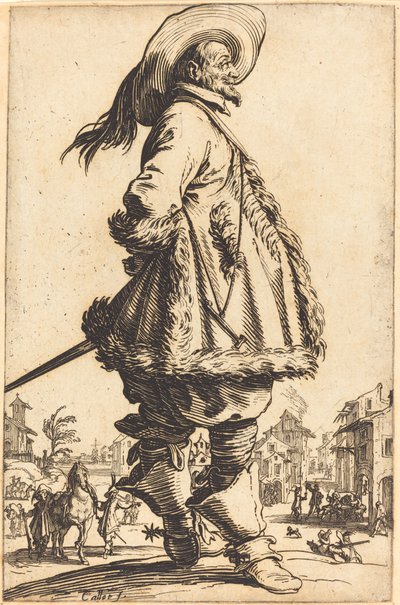 Nobile con mantello bordato di pelliccia, con le mani dietro la schiena da Jacques Callot