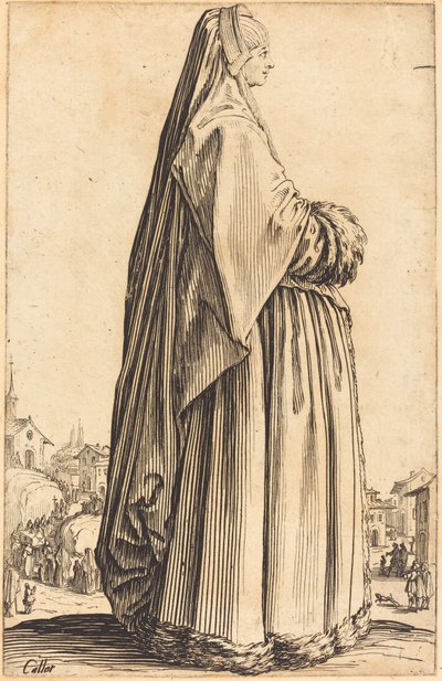 Nobile donna con velo e abito bordato di pelliccia da Jacques Callot