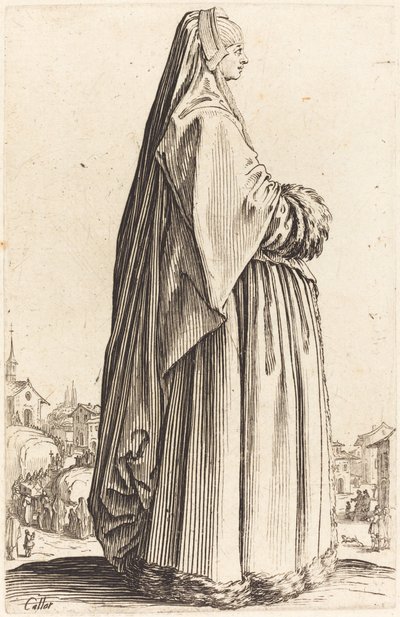 Nobile donna con velo e abito bordato di pelliccia da Jacques Callot