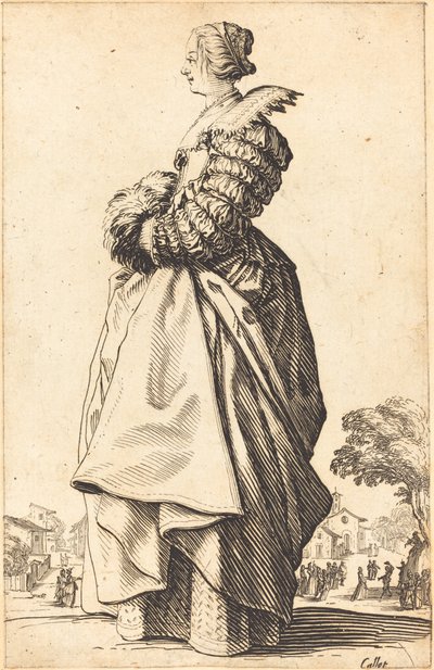 Nobile donna di profilo con le mani in un manicotto da Jacques Callot