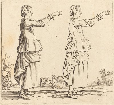 Contadina, di profilo, rivolta a destra, con braccio esteso da Jacques Callot