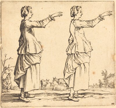 Contadina, di profilo, rivolta a destra, con braccio esteso, 1617-1621 da Jacques Callot