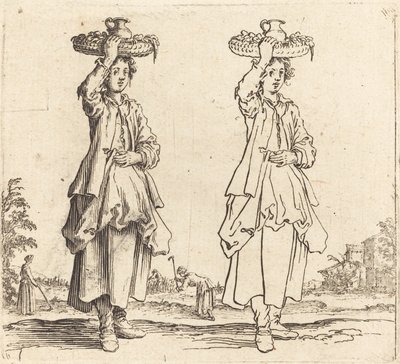 Contadina con cesto sulla testa, vista frontale da Jacques Callot